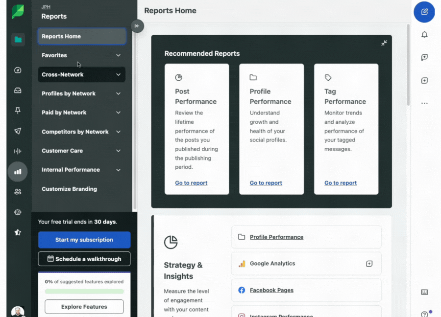 A walkthrough of navigating from Cross-Network to Profile Performance on the Sprout Social Reports dashboard