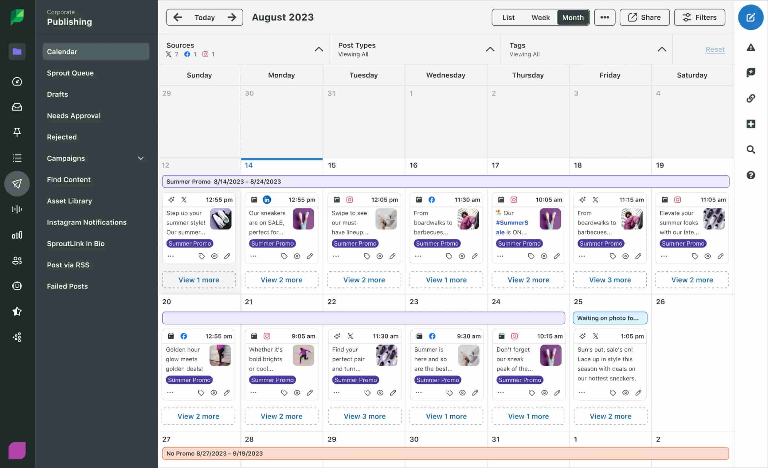 Sprout Social’s Publishing calendar interface, showing scheduled August 2023 social media posts for a summer promo campaign