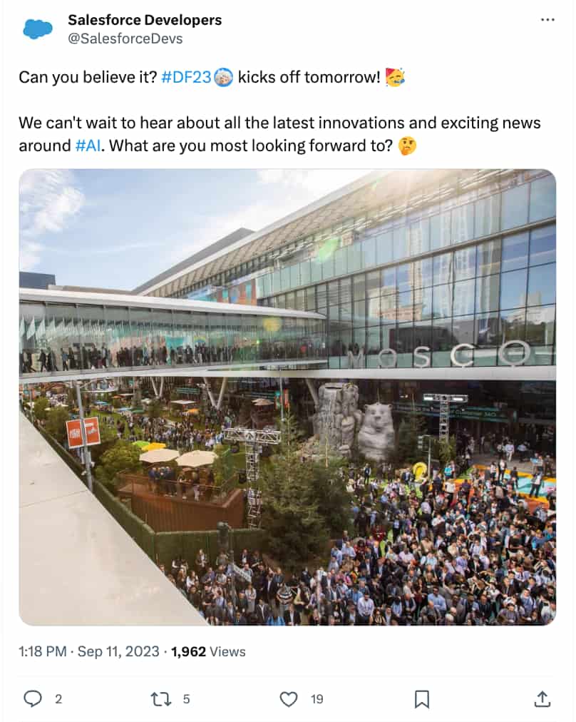 A Post from Salesforce Developers about Dreamfroce 2023. The caption asks what attendees are looking for to the most while attending the conference. 