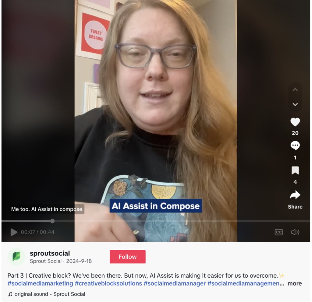 TikTok from Sprout's social team on how to use AI Assist in Compose to save time and overcome creative block