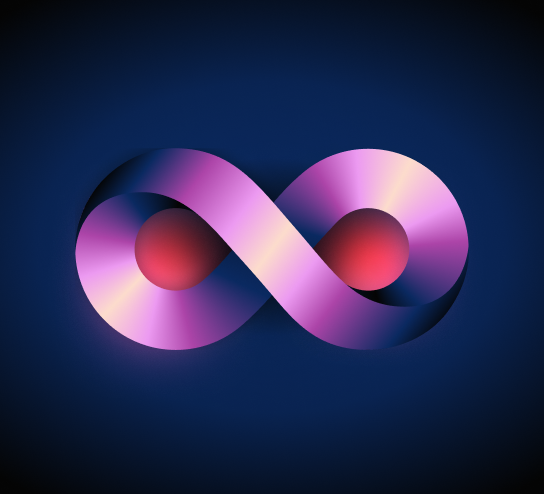 An infinity symbol in shades of pink and purple, with a red dot in one loop, against a dark blue background. Representing the Sprout Social company value: "Be a Joy To Work With."