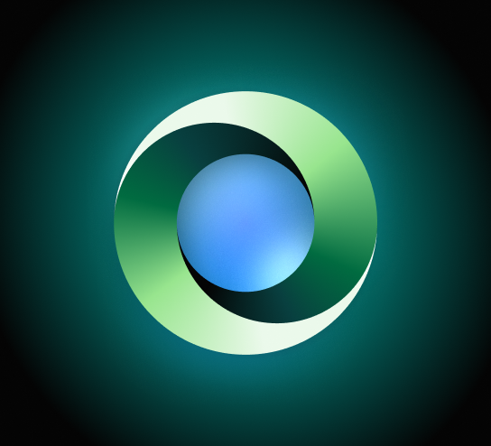 A green crescent shape encircling a blue sphere, against a dark background with a green glow. Representing the Sprout Social company value: "Put Your Name On it."
