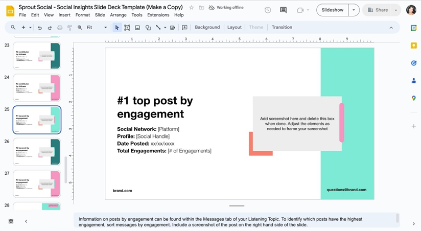 A Google Slides presentation titled #1 top post by engagement