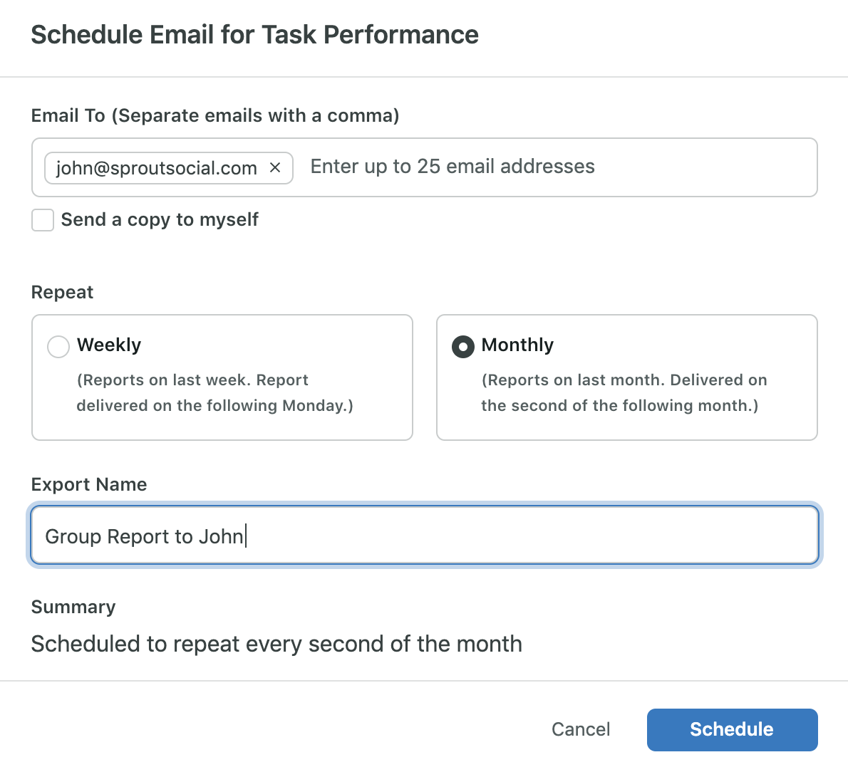 The Schedule Email for Task Performance screen shows a monthly report scheduled to run on the second of each month