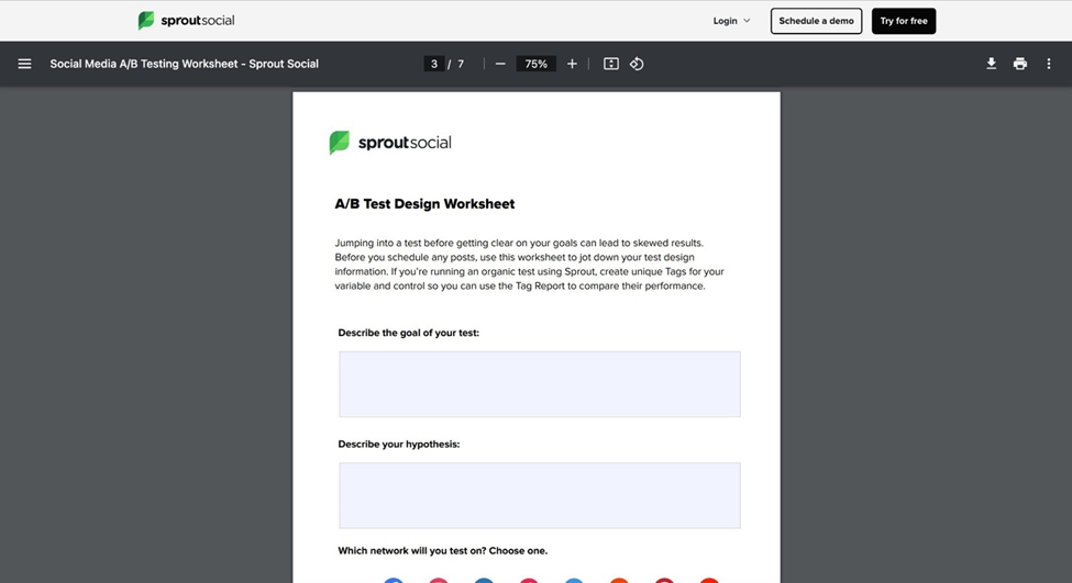 Sprout Social's social media A/B Test Design Worksheet asks users to describe the goal of their test