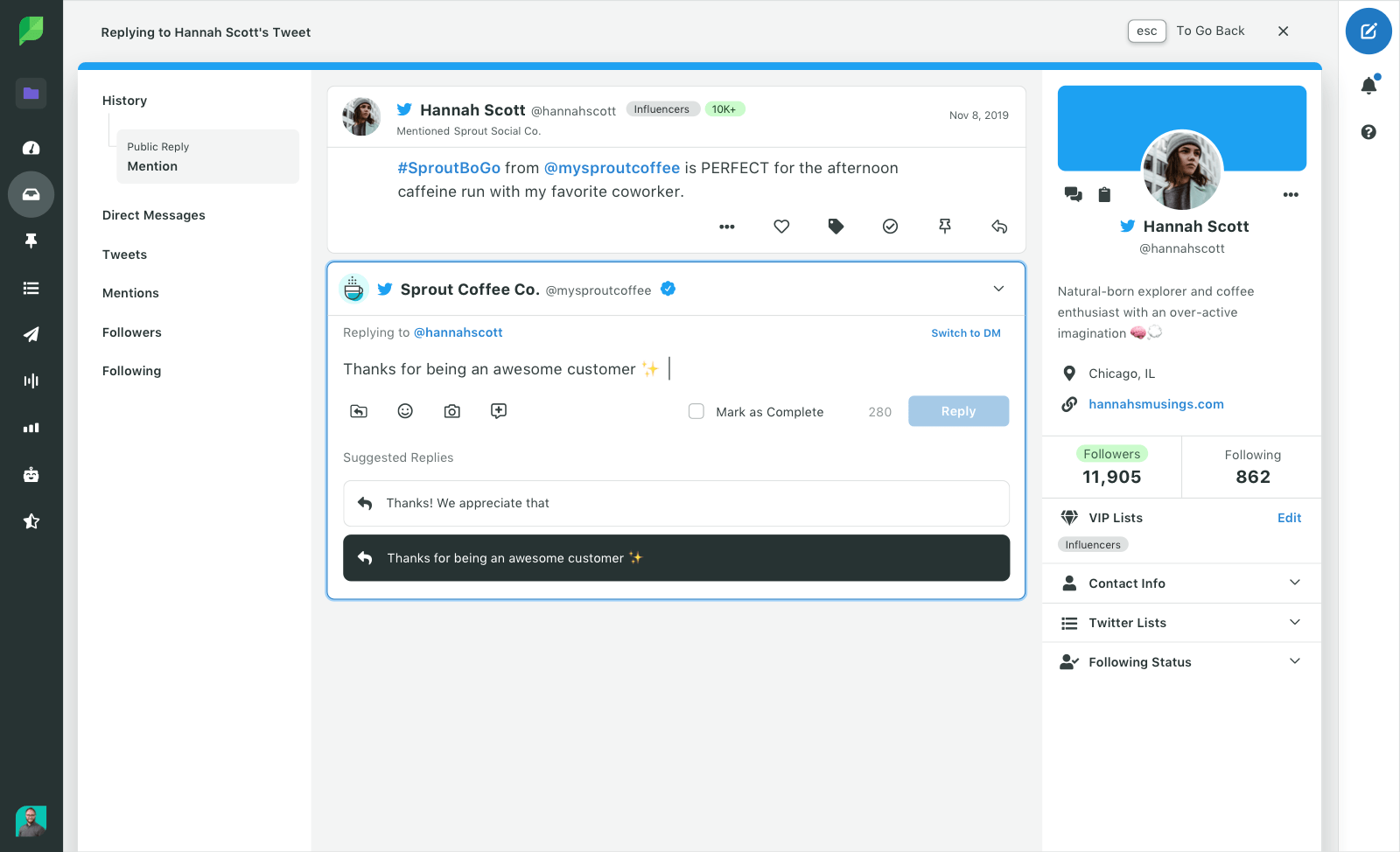 Sprout Social Product Image of Engagement Smart Inbox with LinkedIn Filters Selected and Reply Hover.