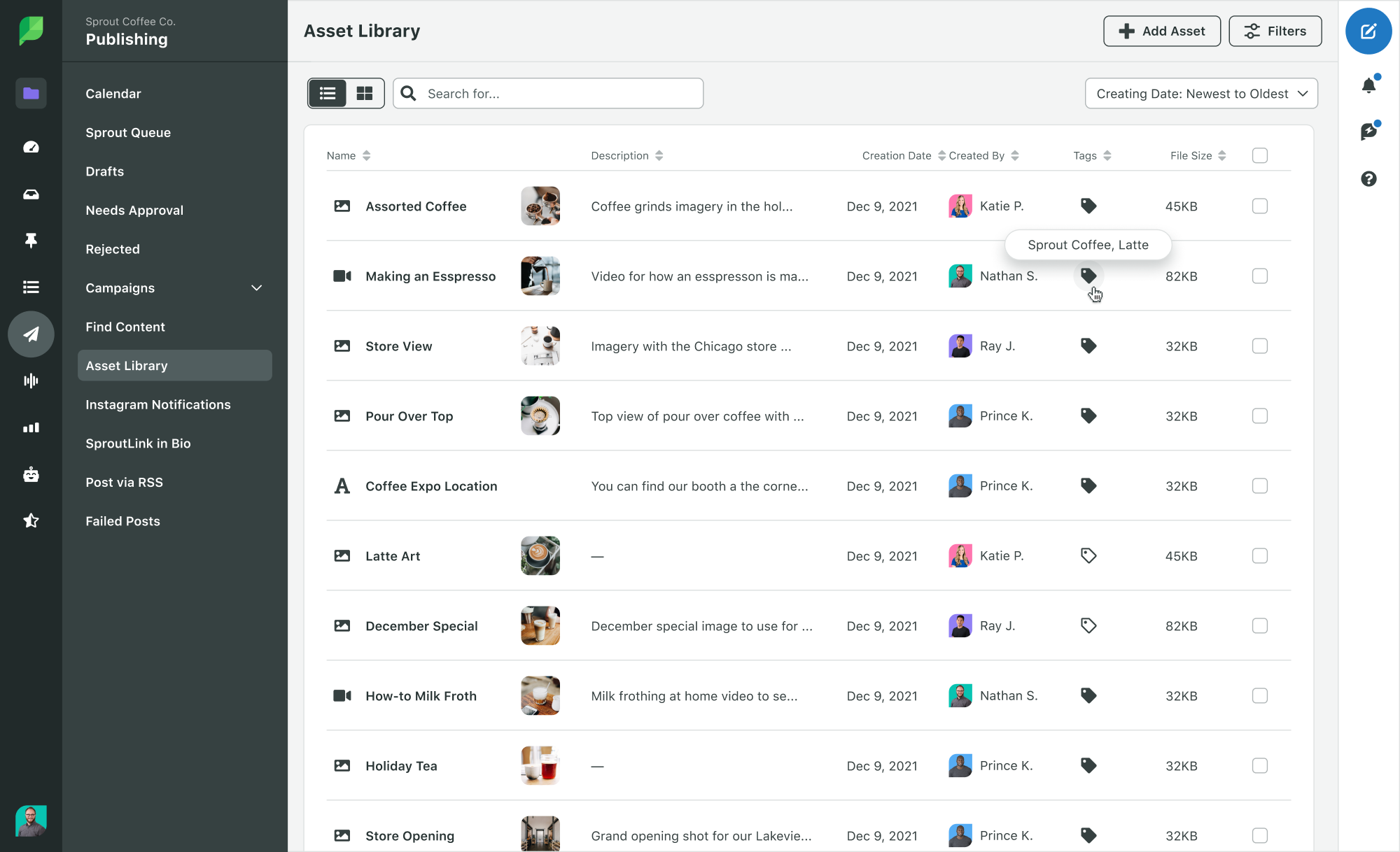 Sprout Social’s Asset Library screen displaying various assets with tags
