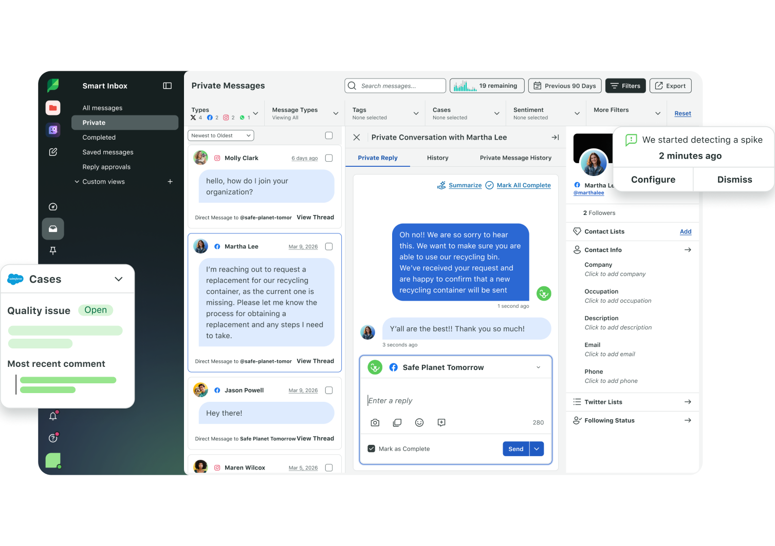 Product UI of Sprout Social's Smart Inbox, showing a direct message on X that links to an open Salesforce Case concerning a customer quality issue.