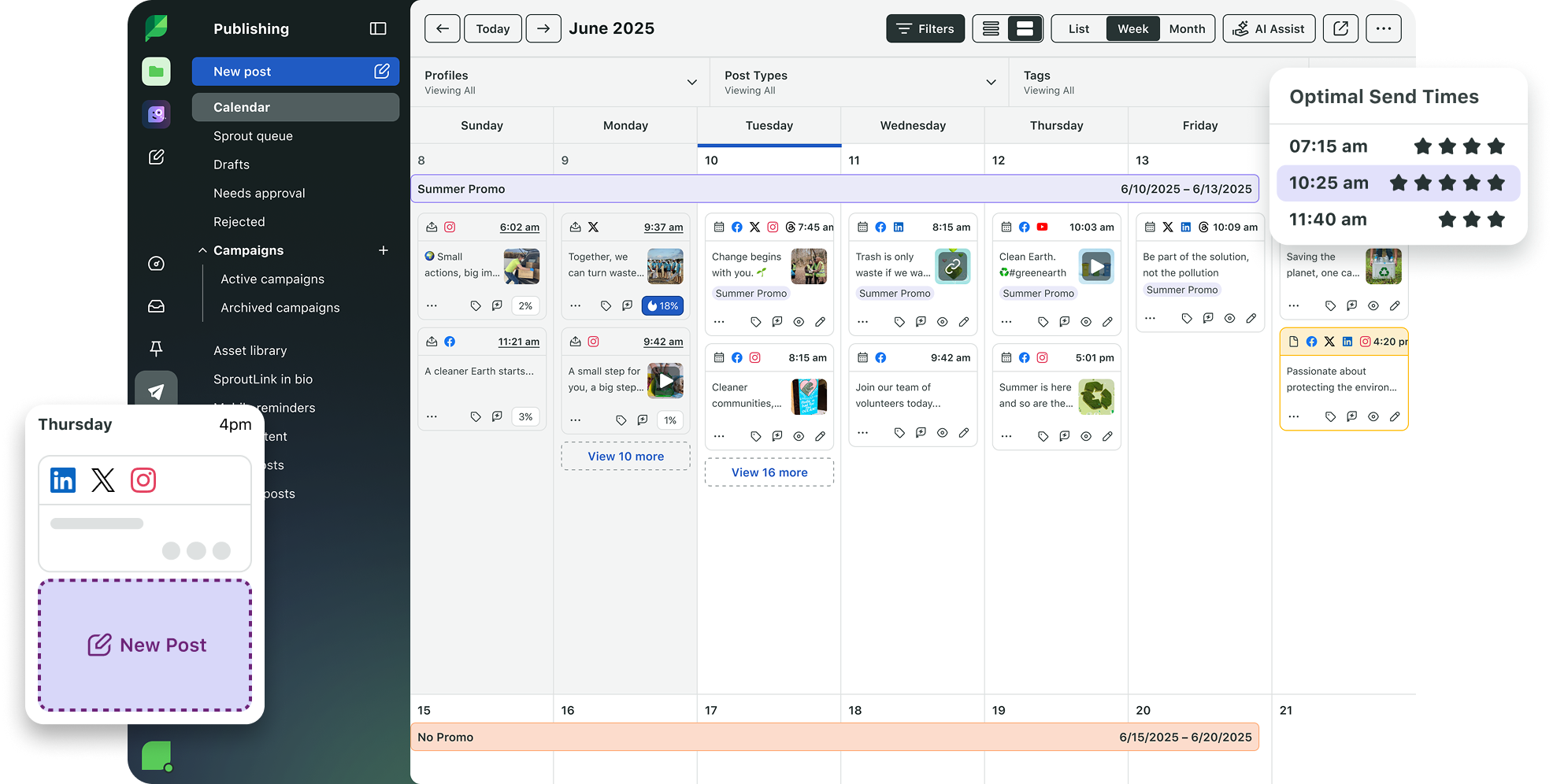 Product UI of Sprout Social's Publishing Content Calendar displaying optimal send times for posts across Facebook, X and Instagram.