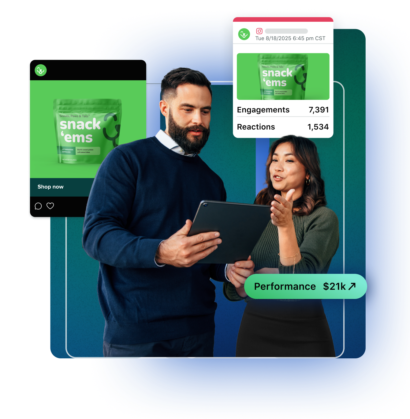 Two people looking at mobile phone screens displaying social media content and data, representing social media ROI.