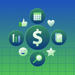 Icons to represent social metrics (like, heart, smiley) and business value (dollar sign, chart, calendar) arranged together, showing the measurement and communication of social media's impact.