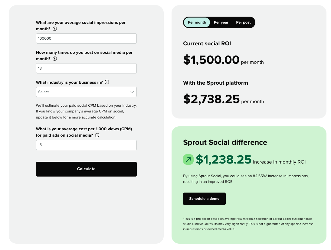 social media ROI calculator example results
