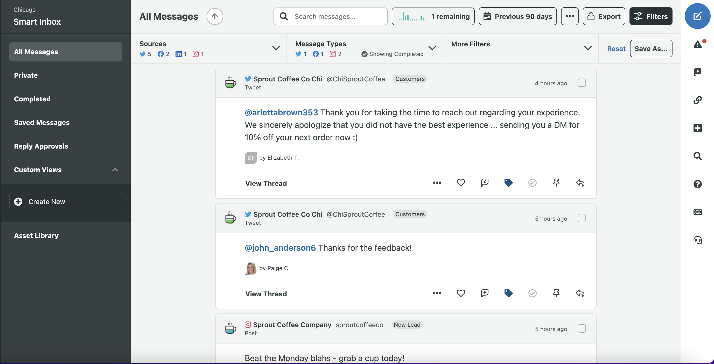 Sprout Social’s Smart Inbox All Messages screen showing message account sources, types and tags