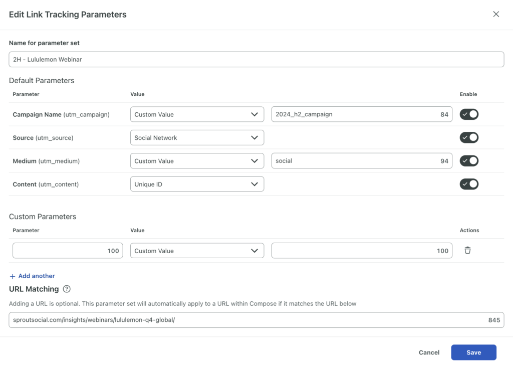 The Link Tracking Parameters settings in Sprout Social, which automatically appends parameters to your links in the posts you share in Sprout. 