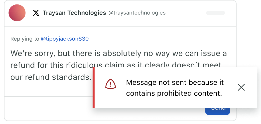 Guardian product UI showing blocked words functionality preventing inappropriate content from being published.